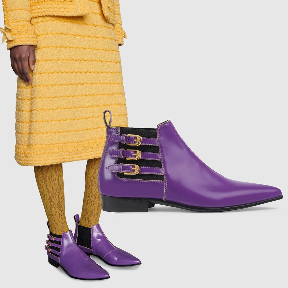 GUCCI BOOTS ANKLE QUEBEC 3 BUCKLE VIOLET LEATHER POINTED TOE 38 / US 8